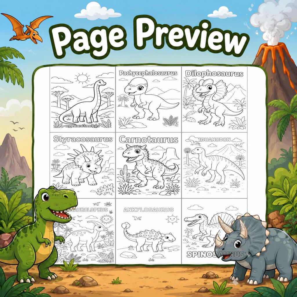 Dinosaur Coloring Pages Printable for Kids, T Rex Triceratops Dino Coloring Book PDF, Cute Dinosaur Activity Sheets, A4 US Letter