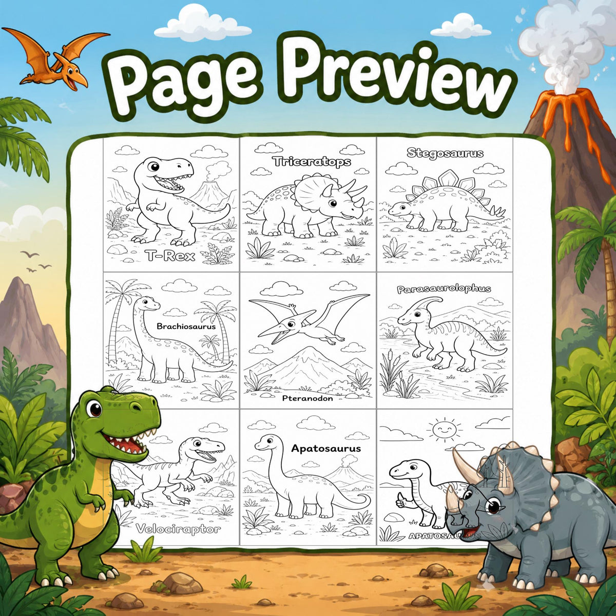 Dinosaur Coloring Pages Printable for Kids, T Rex Triceratops Dino Coloring Book PDF, Cute Dinosaur Activity Sheets, A4 US Letter
