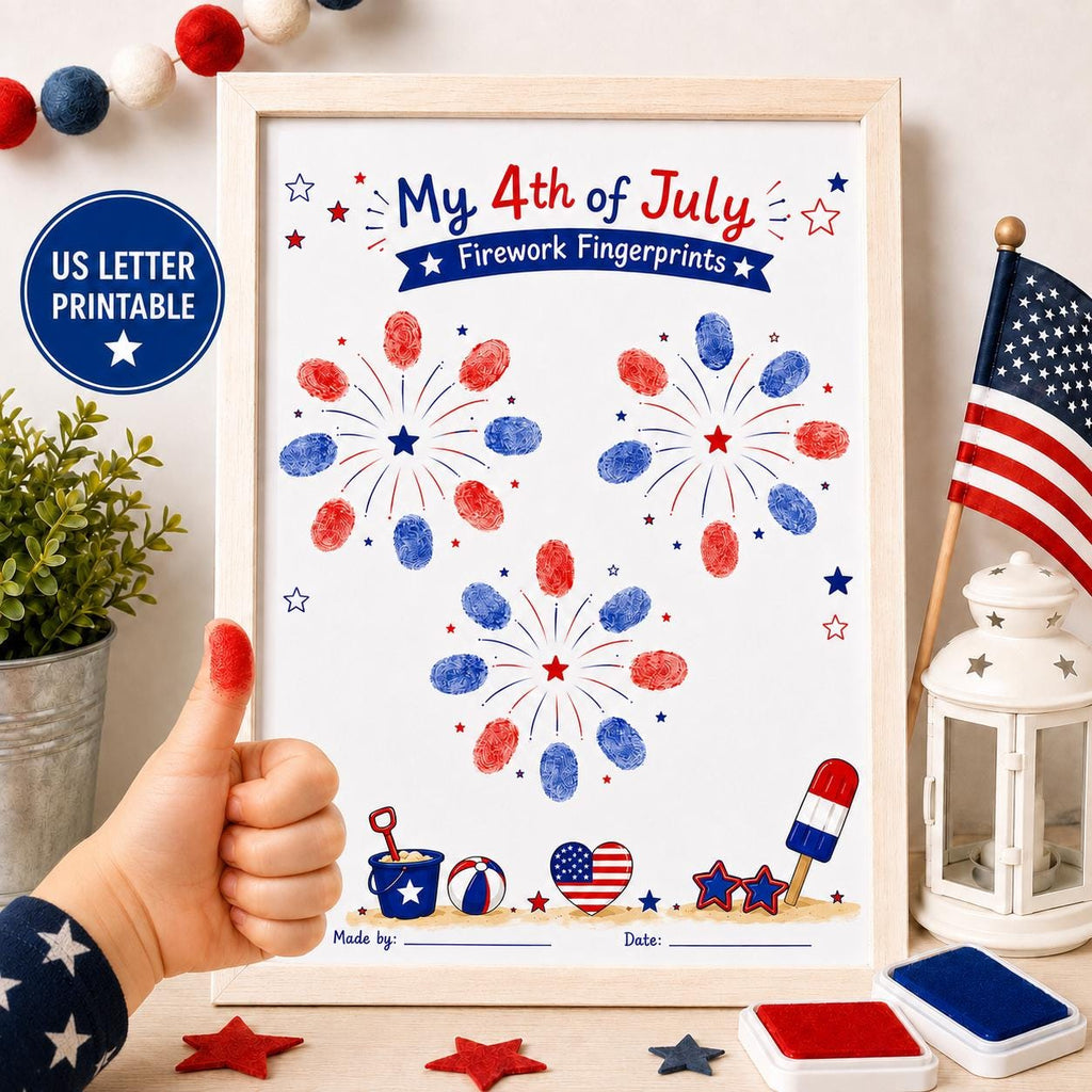 4th of July Fingerprint Craft for Kids, Firework Keepsake Printable, Fourth of July Independence Day Activity, Patriotic