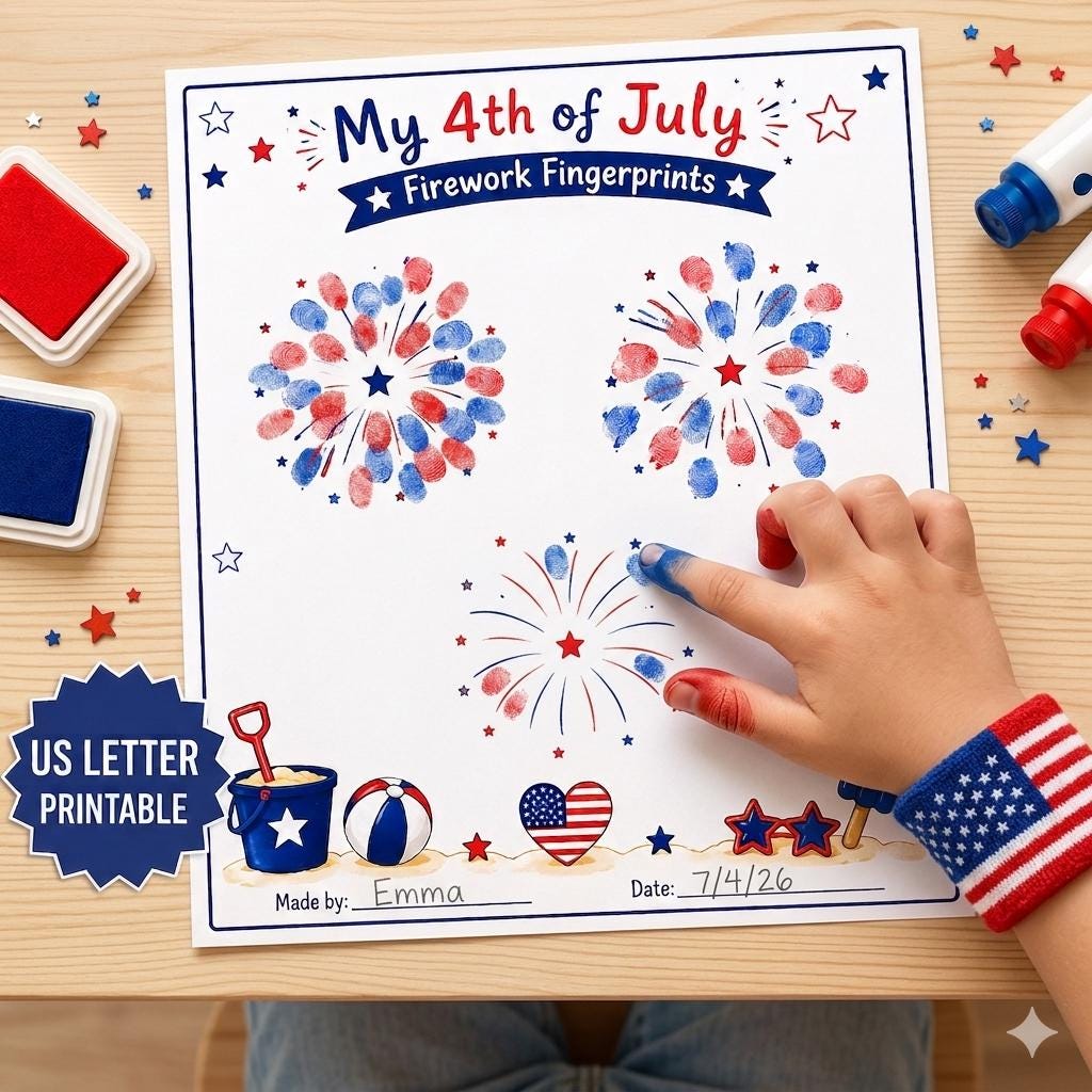 4th of July Fingerprint Craft for Kids, Firework Keepsake Printable, Fourth of July Independence Day Activity, Patriotic Handprint Art PDF
