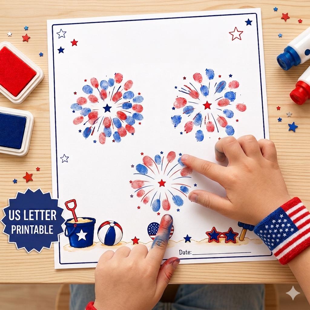 4th of July Fingerprint Craft for Kids, Firework Keepsake Printable, Fourth of July Independence Day Activity, Patriotic Handprint Art PDF