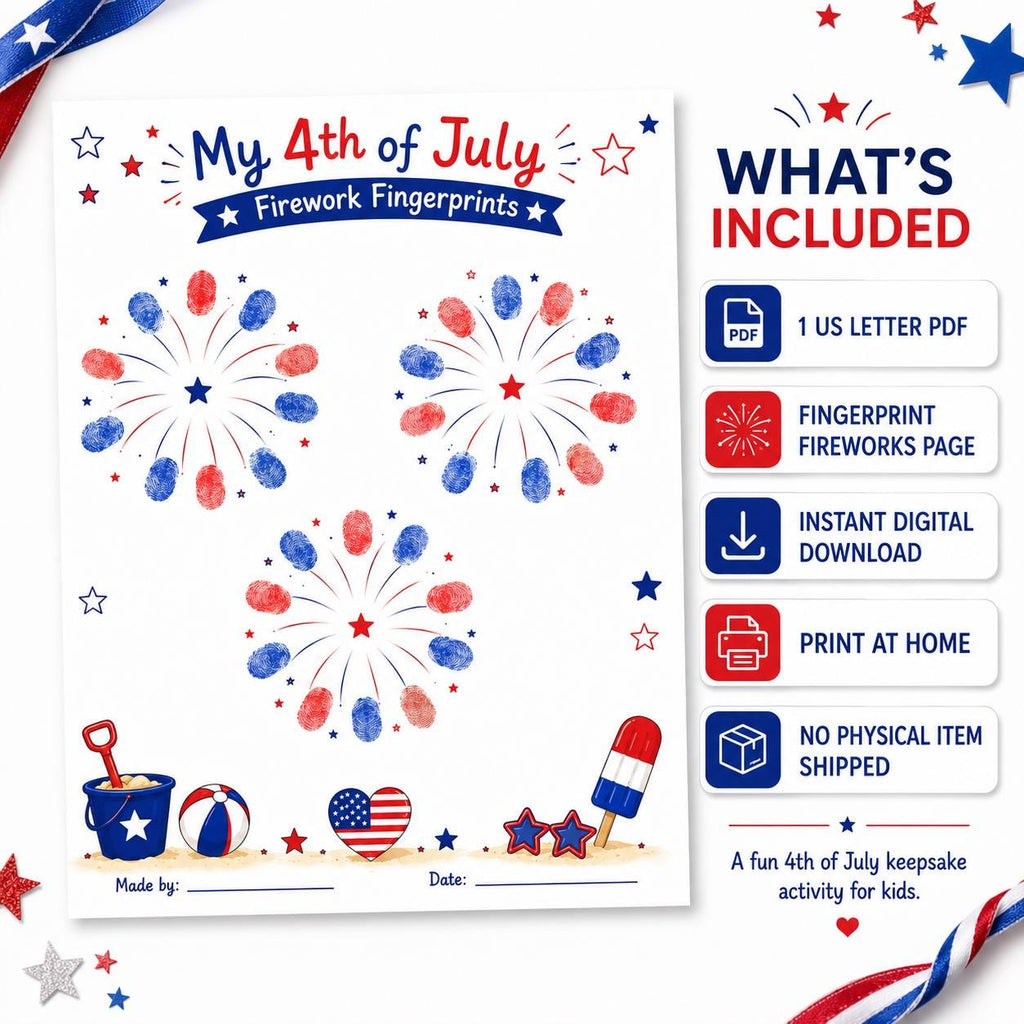 4th of July Fingerprint Craft for Kids, Firework Keepsake Printable, Fourth of July Independence Day Activity, Patriotic Handprint Art PDF