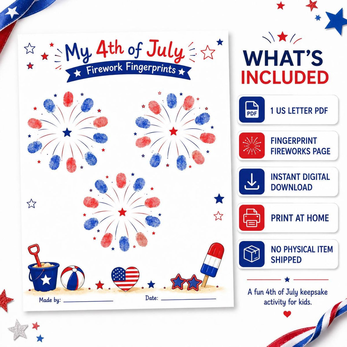 4th of July Fingerprint Craft for Kids, Firework Keepsake Printable, Fourth of July Independence Day Activity, Patriotic Handprint Art PDF