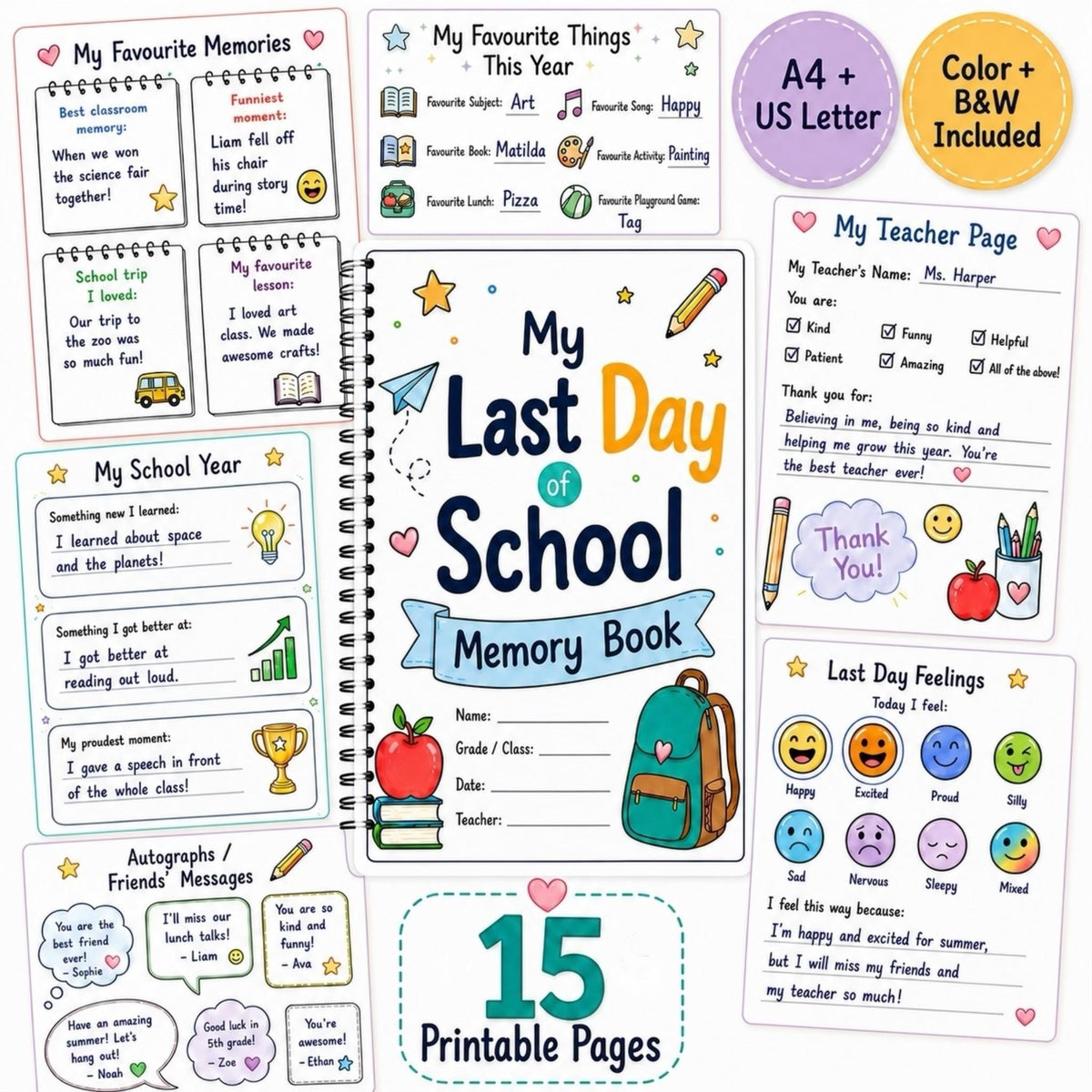 Last Day of School Memory Book Printable, End of School Year Memories, Kids Classroom Keepsake, End of Year Activity Pag