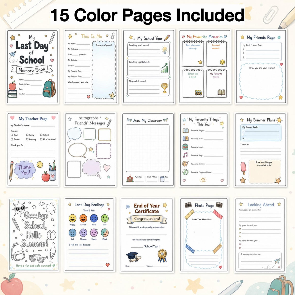 Last Day of School Memory Book Printable, End of School Year Memories, Kids Classroom Keepsake, End of Year Activity Pages PDF