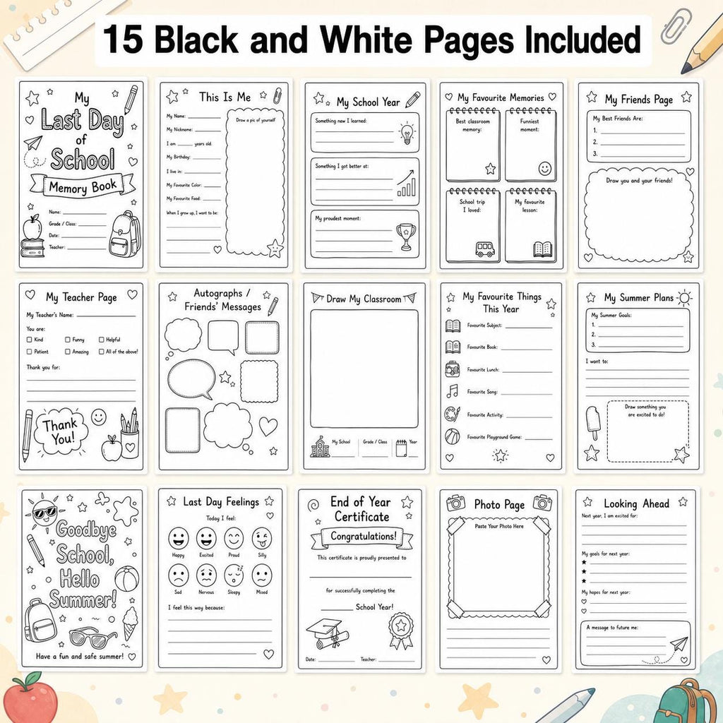 Last Day of School Memory Book Printable, End of School Year Memories, Kids Classroom Keepsake, End of Year Activity Pages PDF