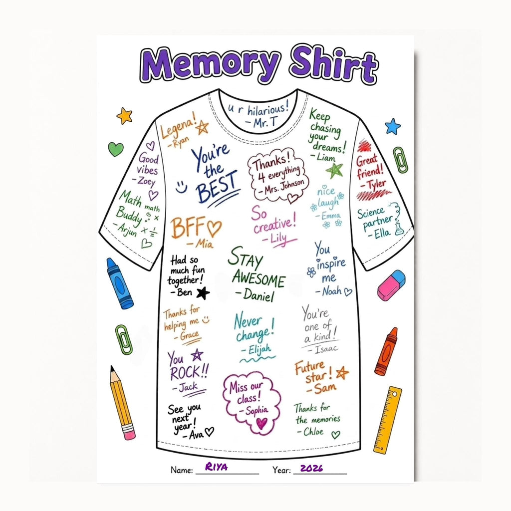 End of Year Autograph Shirt Printable, End of Term Keepsake, Last Day of School Activity, Class Autograph Page, School Memory Worksheet