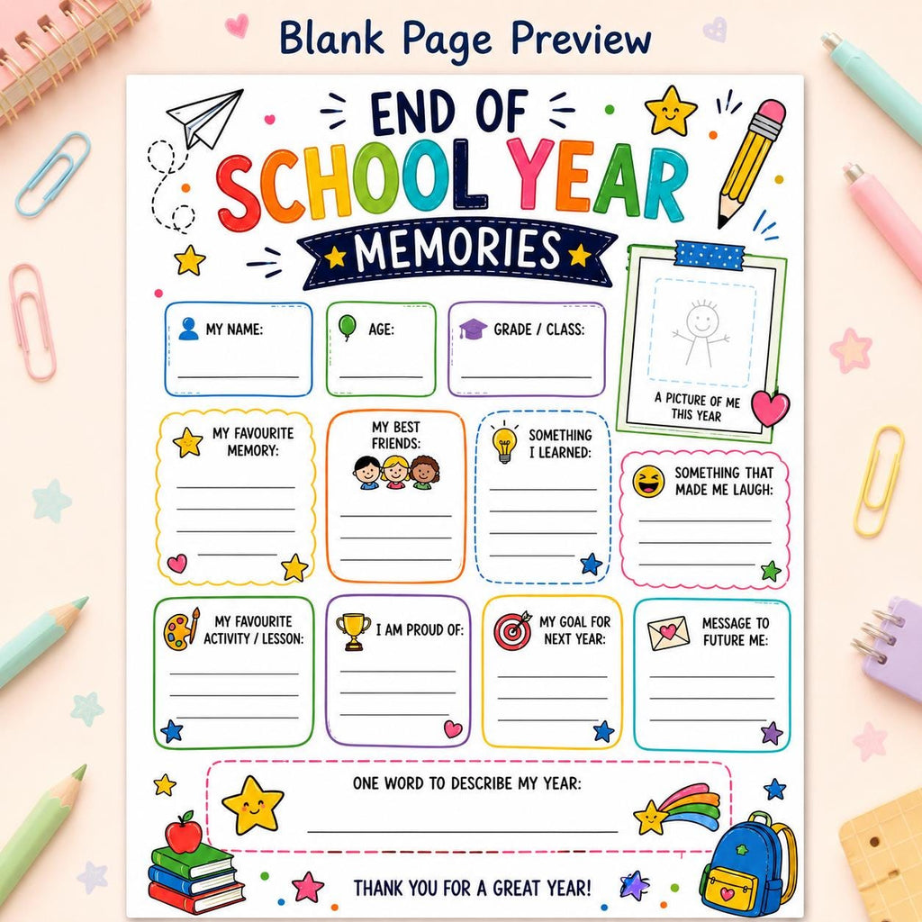 End of School Year Memories Printable, Last Day of School Activity, Classroom Keepsake Worksheet, End of Term Kids Memory Page PDF