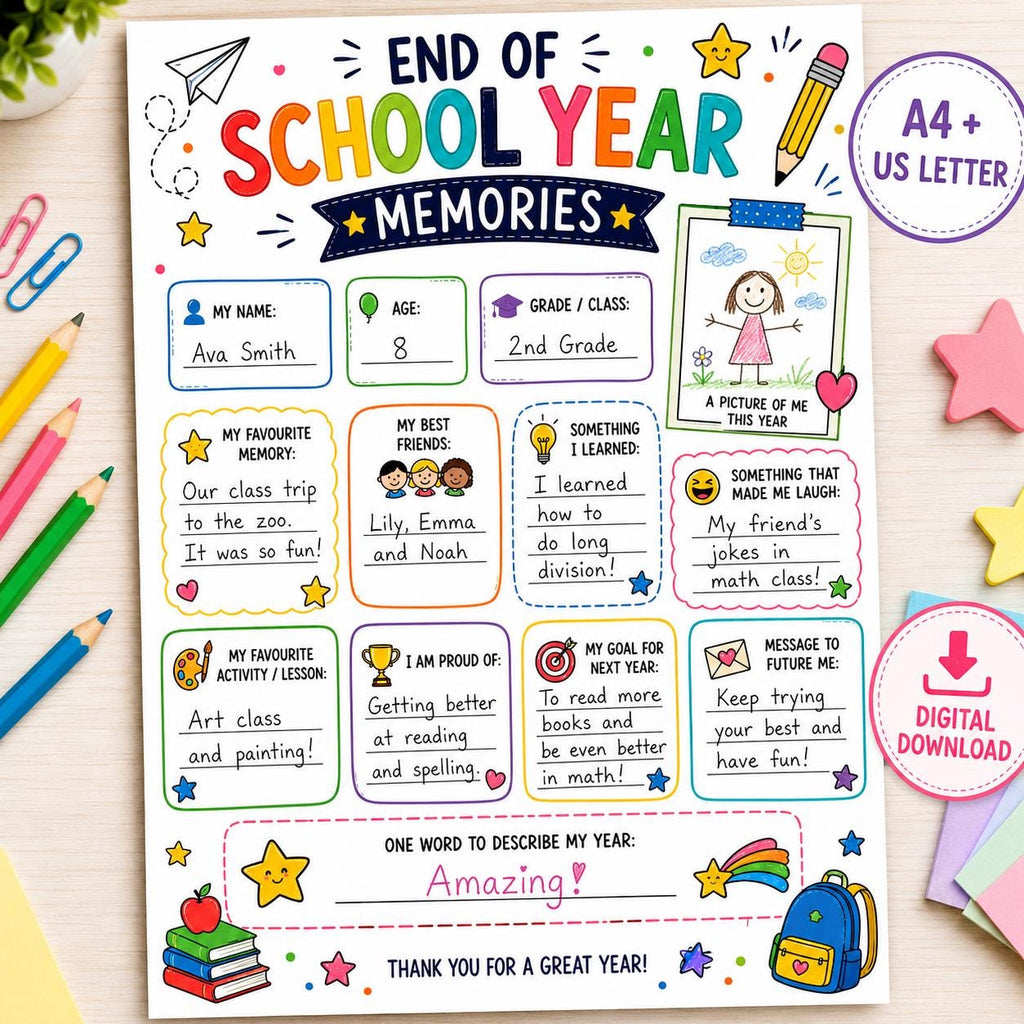 End of School Year Memories Printable, Last Day of School Activity, Classroom Keepsake Worksheet, End of Term Kids Memor