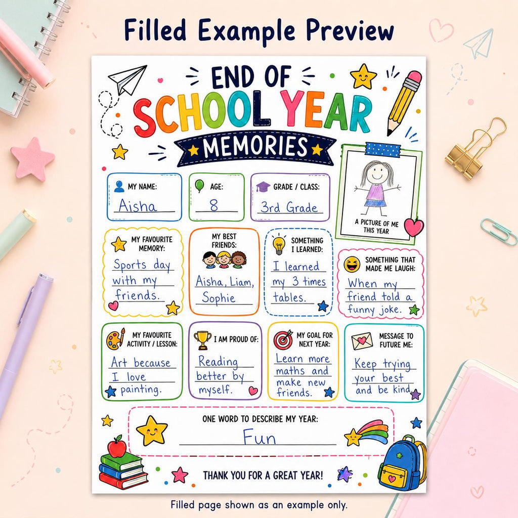 End of School Year Memories Printable, Last Day of School Activity, Classroom Keepsake Worksheet, End of Term Kids Memory Page PDF