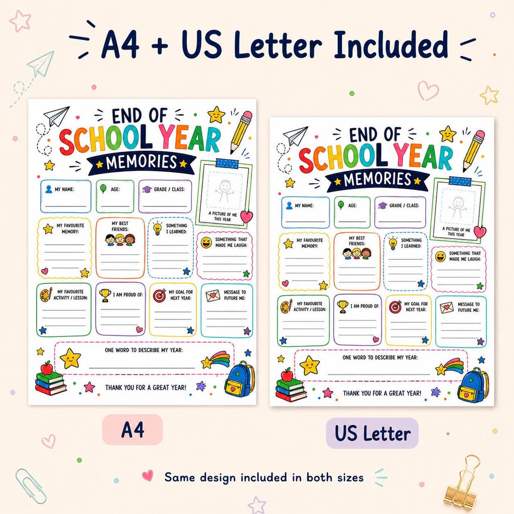 End of School Year Memories Printable, Last Day of School Activity, Classroom Keepsake Worksheet, End of Term Kids Memory Page PDF