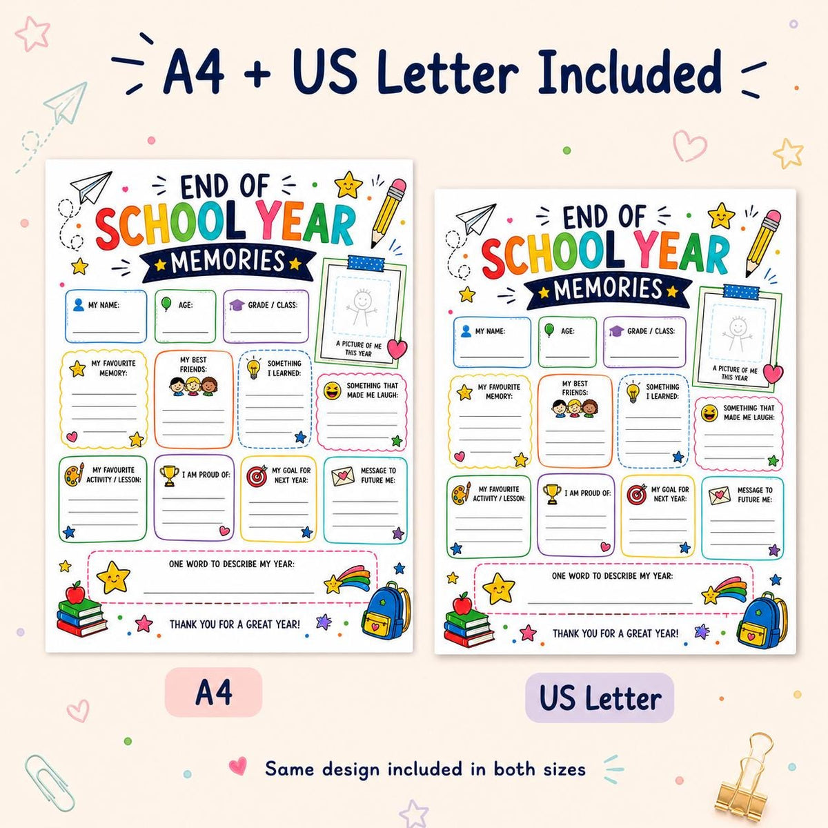 End of School Year Memories Printable, Last Day of School Activity, Classroom Keepsake Worksheet, End of Term Kids Memory Page PDF