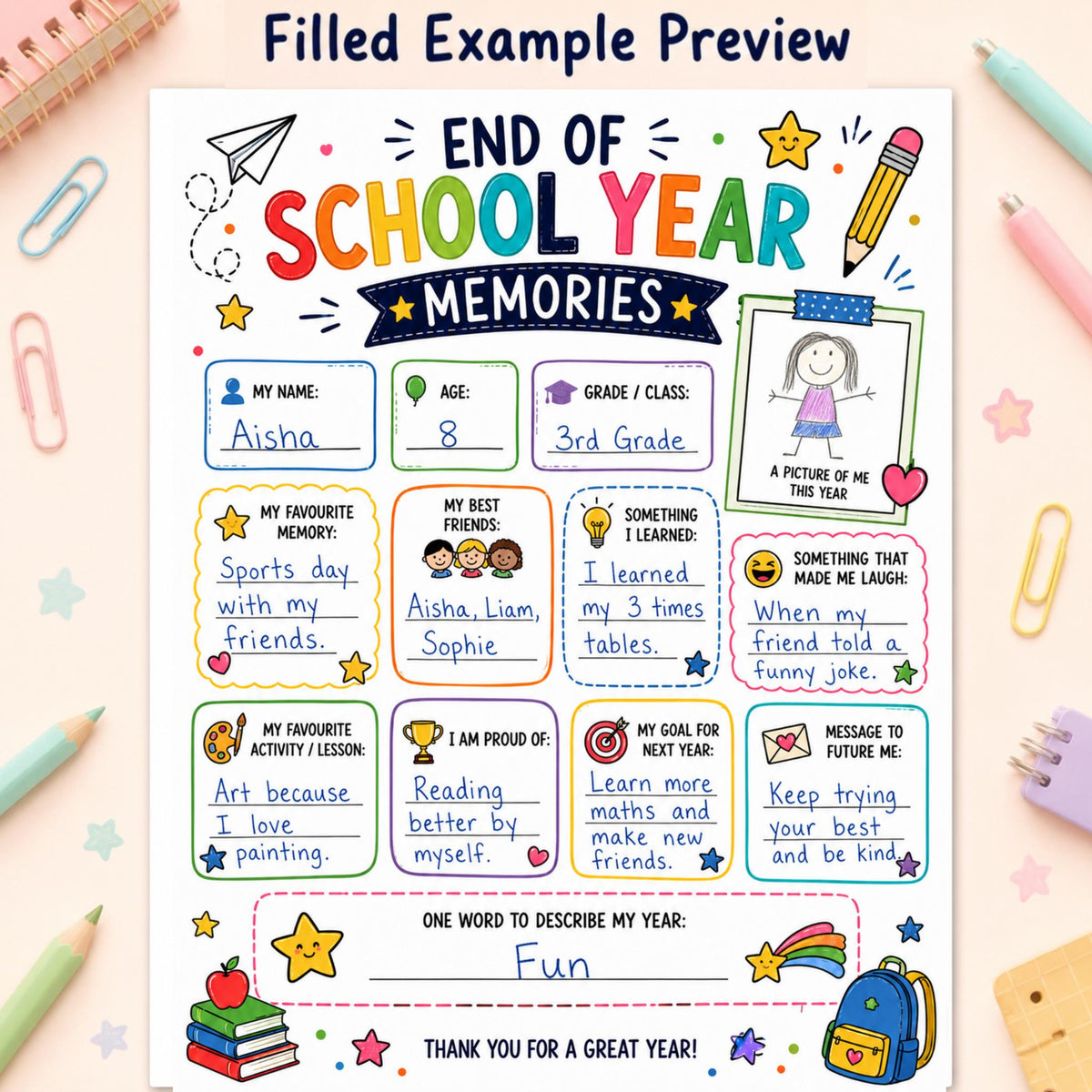 End of School Year Memories Printable, Last Day of School Activity, Classroom Keepsake Worksheet, End of Term Kids Memory Page PDF