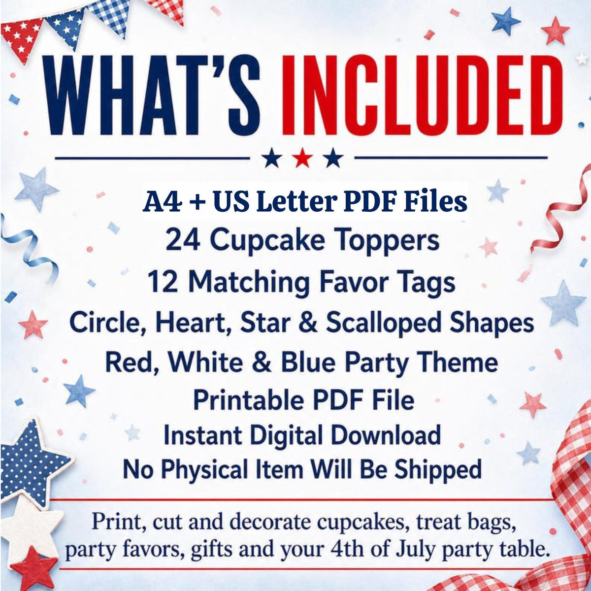 4th of July Cupcake Toppers and Favor Tags Printable, Patriotic Party Decorations, USA Party Decor, Independence Day Treat Tags PDF