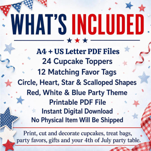 4th of July Cupcake Toppers and Favor Tags Printable, Patriotic Party Decorations, USA Party Decor, Independence Day Treat Tags PDF