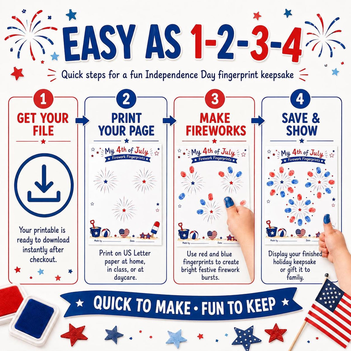 4th of July Fingerprint Craft for Kids, Firework Keepsake Printable, Fourth of July Independence Day Activity, Patriotic Handprint Art PDF