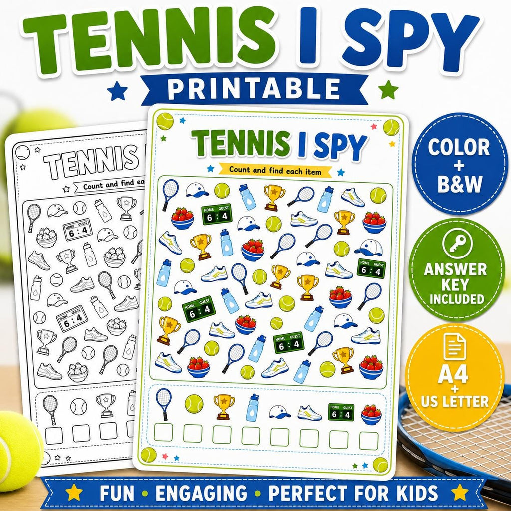 Tennis I Spy Printable, Tennis Activity Sheet for Kids, Kids Party Game, Sports I Spy Worksheet, Summer Camp Activity, P
