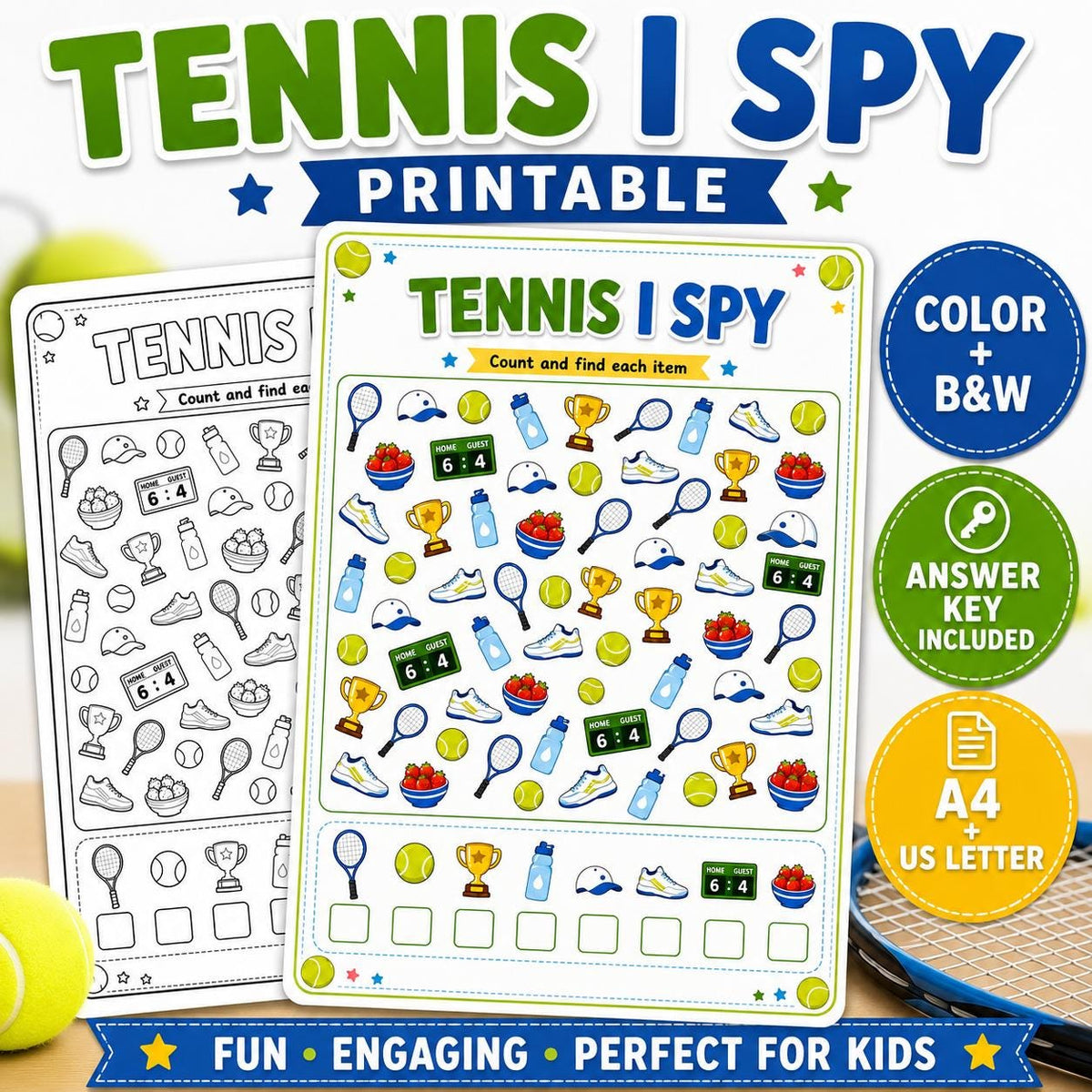 Tennis I Spy Printable, Tennis Activity Sheet for Kids, Kids Party Game, Sports I Spy Worksheet, Summer Camp Activity, P