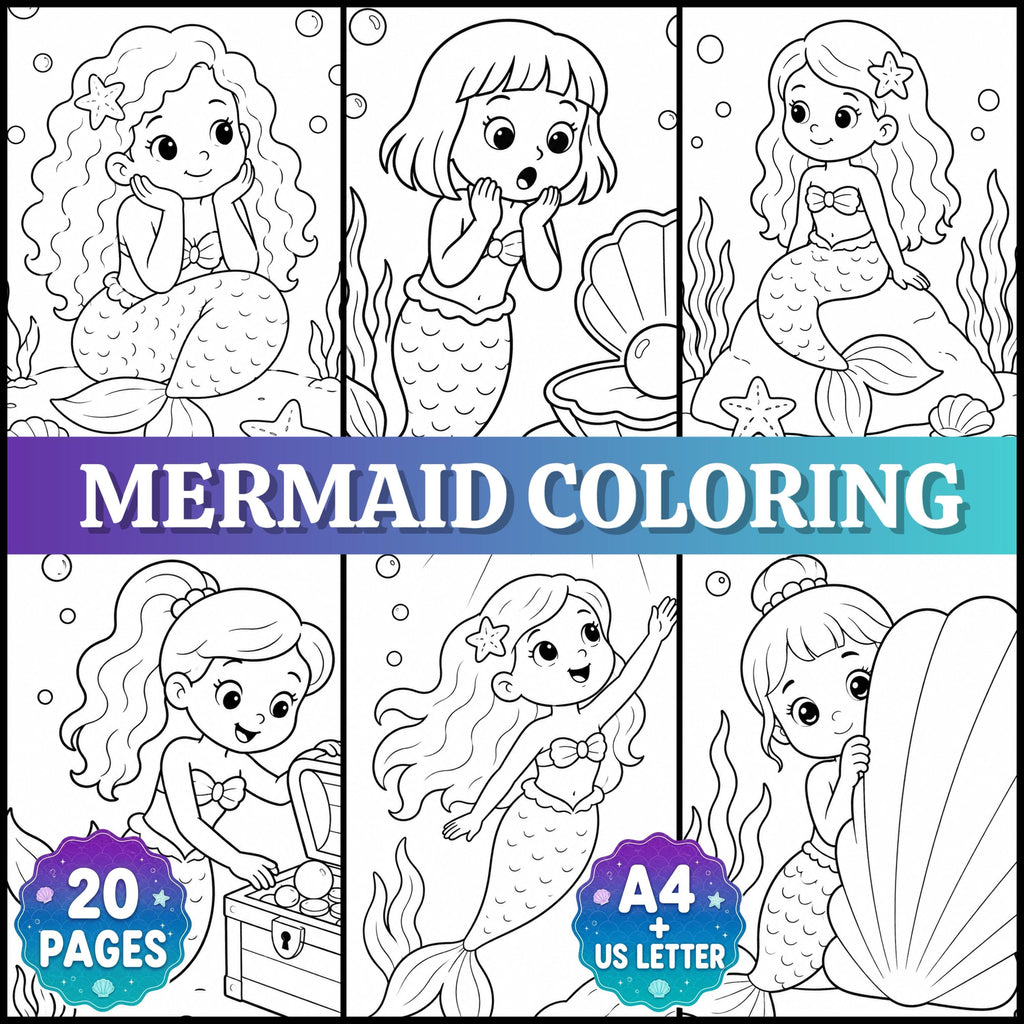 Mermaid Coloring Pages Printable, Mermaid Coloring Book for Girls, Under the Sea Kids Coloring Pages, Mermaid Activity f