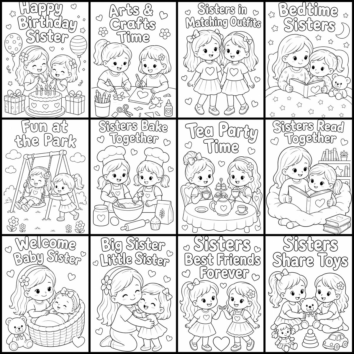 Sister Coloring Pages Printable, Big Sister Little Sister Coloring Book, Gift for Sister, Sister Birthday Activity, Sister Pages