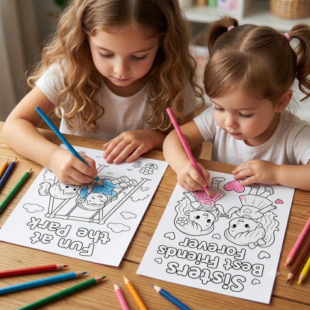 Sister Coloring Pages Printable, Big Sister Little Sister Coloring Book, Gift for Sister, Sister Birthday Activity, Sister Pages