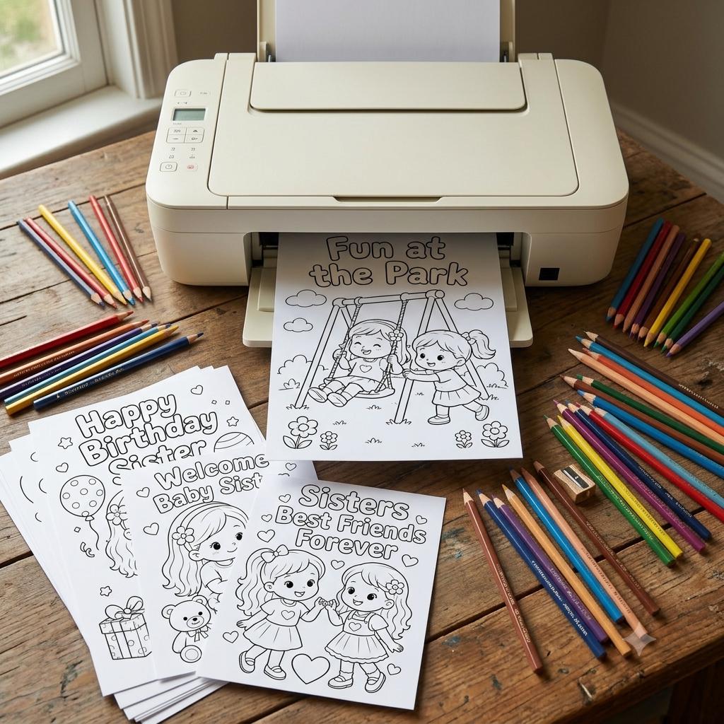 Sister Coloring Pages Printable, Big Sister Little Sister Coloring Book, Gift for Sister, Sister Birthday Activity, Sister Pages
