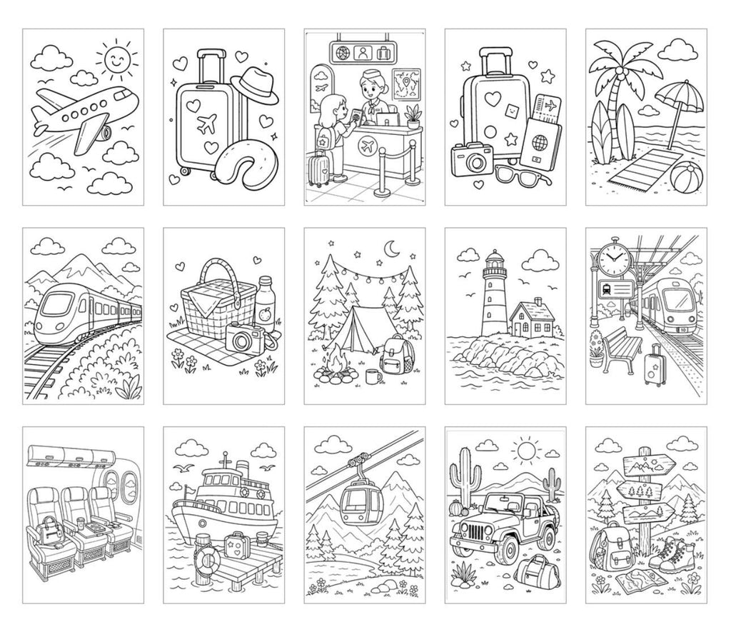 Travel Coloring Pages Printable | Kids Travel Activity Book | Road Trip and Airplane Coloring Pages