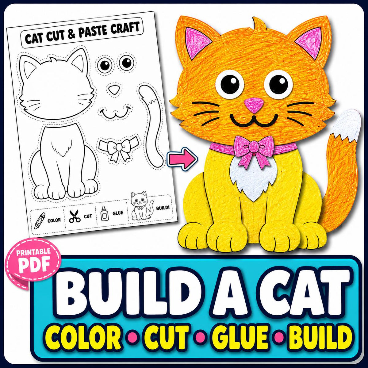Cat Cut and Paste Craft Printable | Build a Cat Activity | Kids Animal Paper Craft | Color Cut and Glue | Cat Printable 