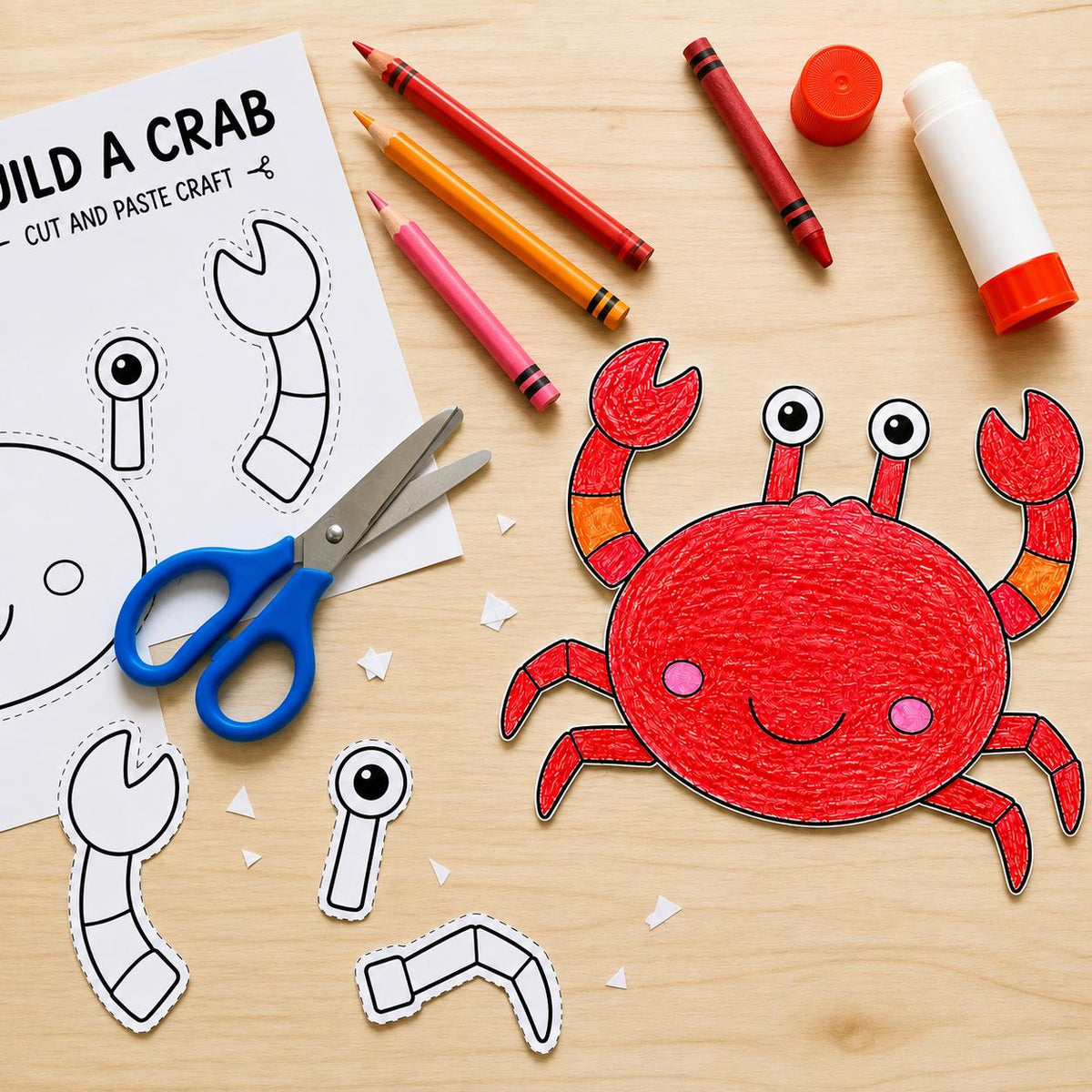 Crab Cut and Paste Craft Printable | Build a Crab Activity | Ocean Animal Craft | Crab Craft for Kids | Beach Craft Activity