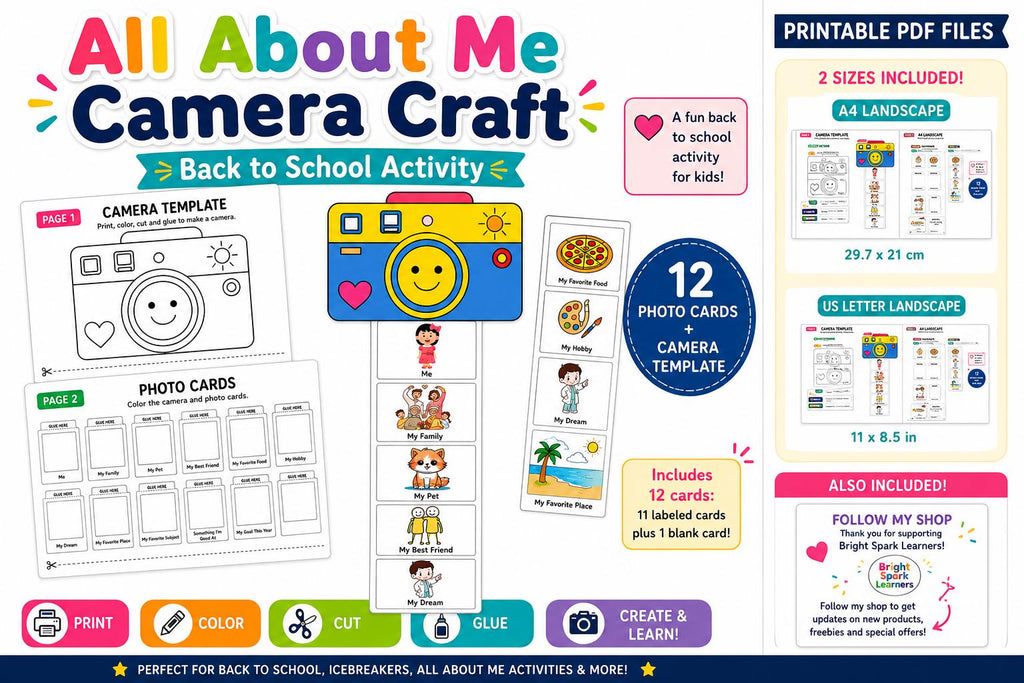 All About Me Camera Craft Printable, Back to School Icebreaker, First Day Activity, Preschool Kindergarten Photo Card Cr