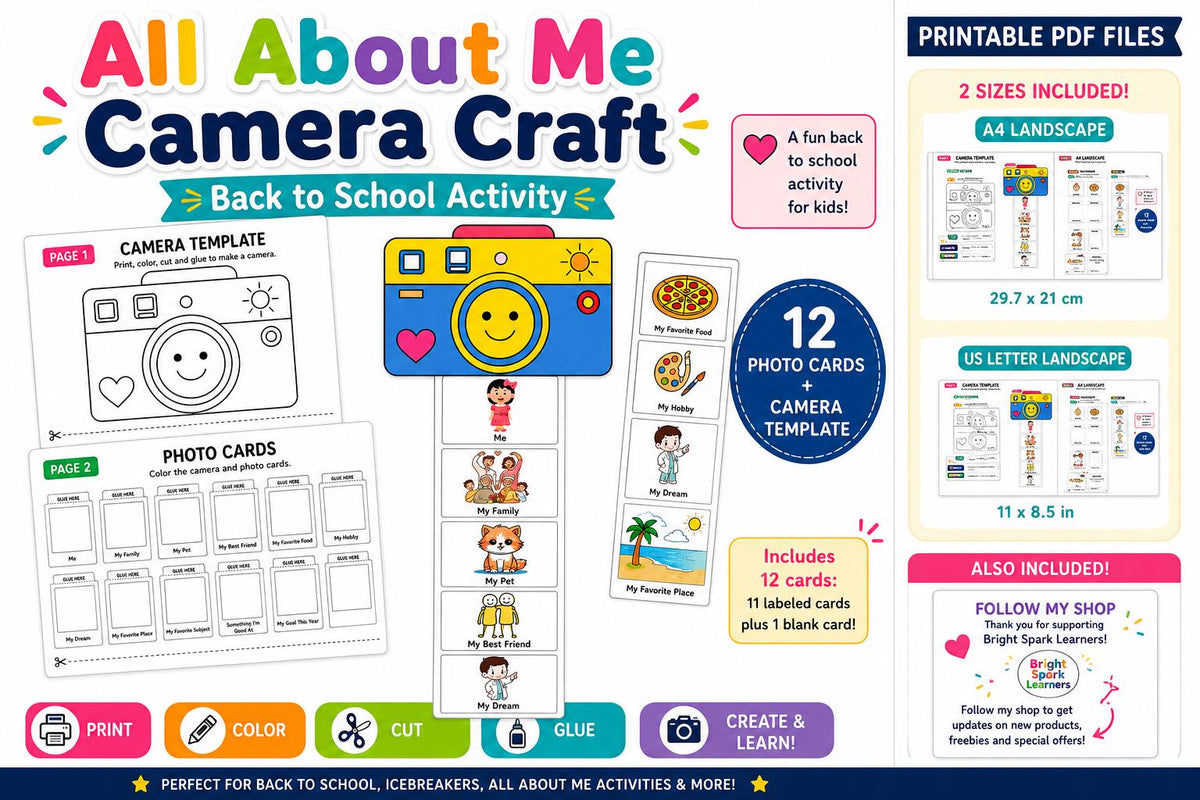 All About Me Camera Craft Printable, Back to School Icebreaker, First Day Activity, Preschool Kindergarten Photo Card Cr