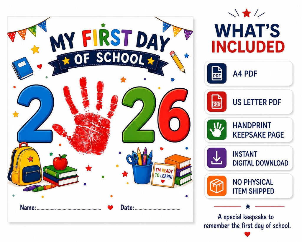 First Day of School Handprint Craft Printable | 2026 School Keepsake | Back to School Handprint | A4 & US Letter PDF | Kids Memory Activity