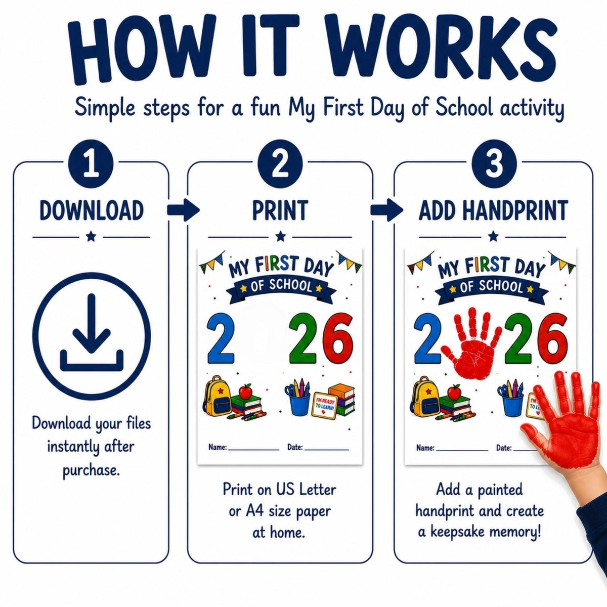 First Day of School Handprint Craft Printable | 2026 School Keepsake | Back to School Handprint | A4 & US Letter PDF | Kids Memory Activity