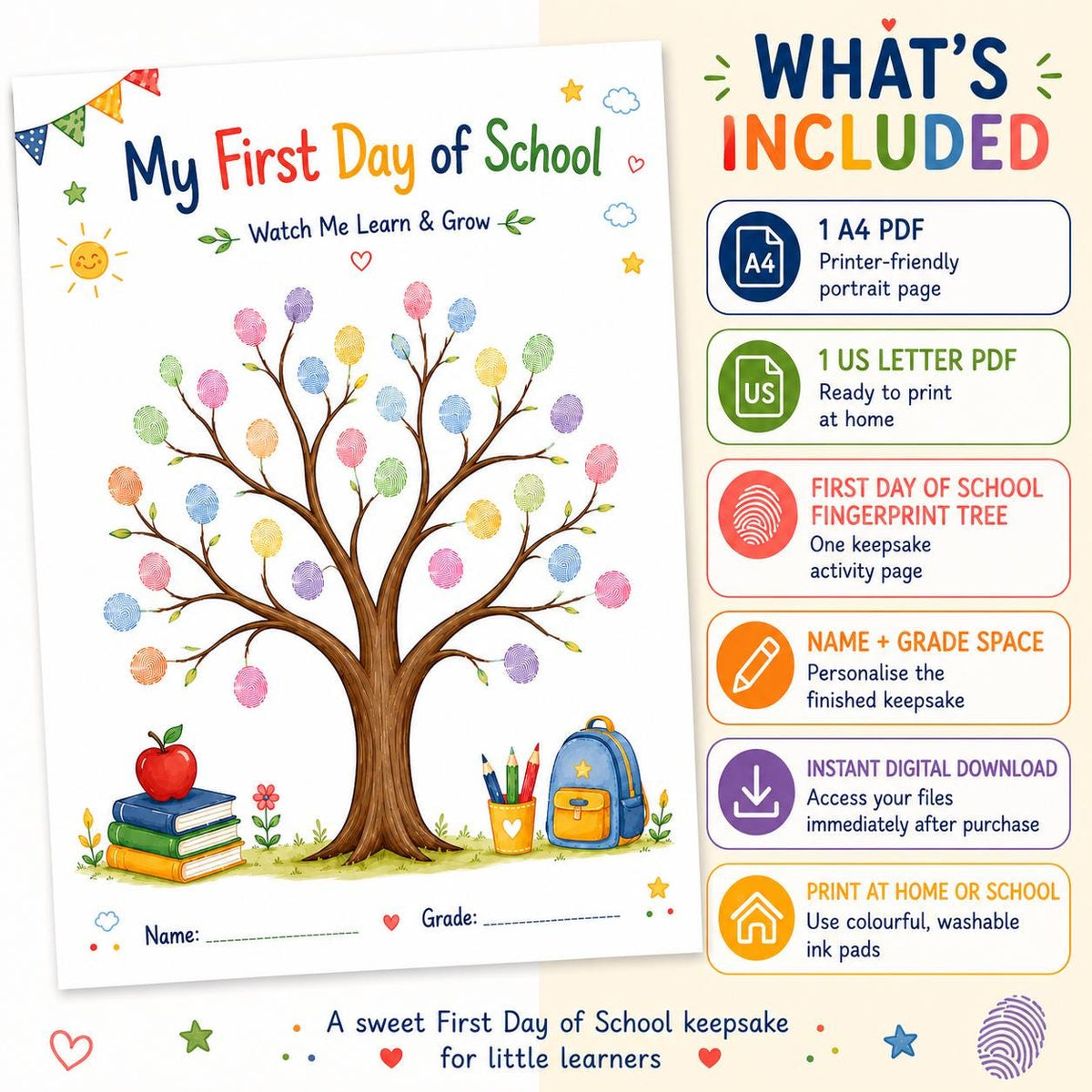 First Day of School Fingerprint Tree Craft Printable, Back to School Keepsake, Kids Fingerprint Craft, School Memory Activity Kids Keepsake