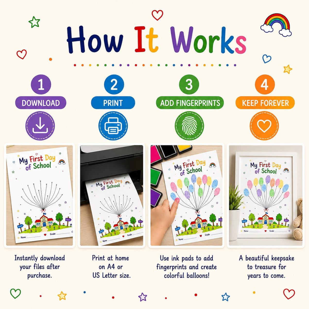 First Day of School Fingerprint Balloons Printable, Back to School Keepsake, Kids Thumbprint Craft, School Memory Activity