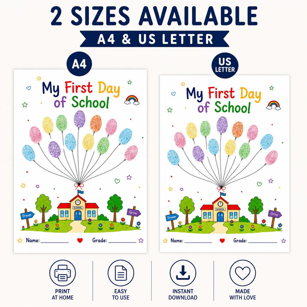 First Day of School Fingerprint Balloons Printable, Back to School Keepsake, Kids Thumbprint Craft, School Memory Activity