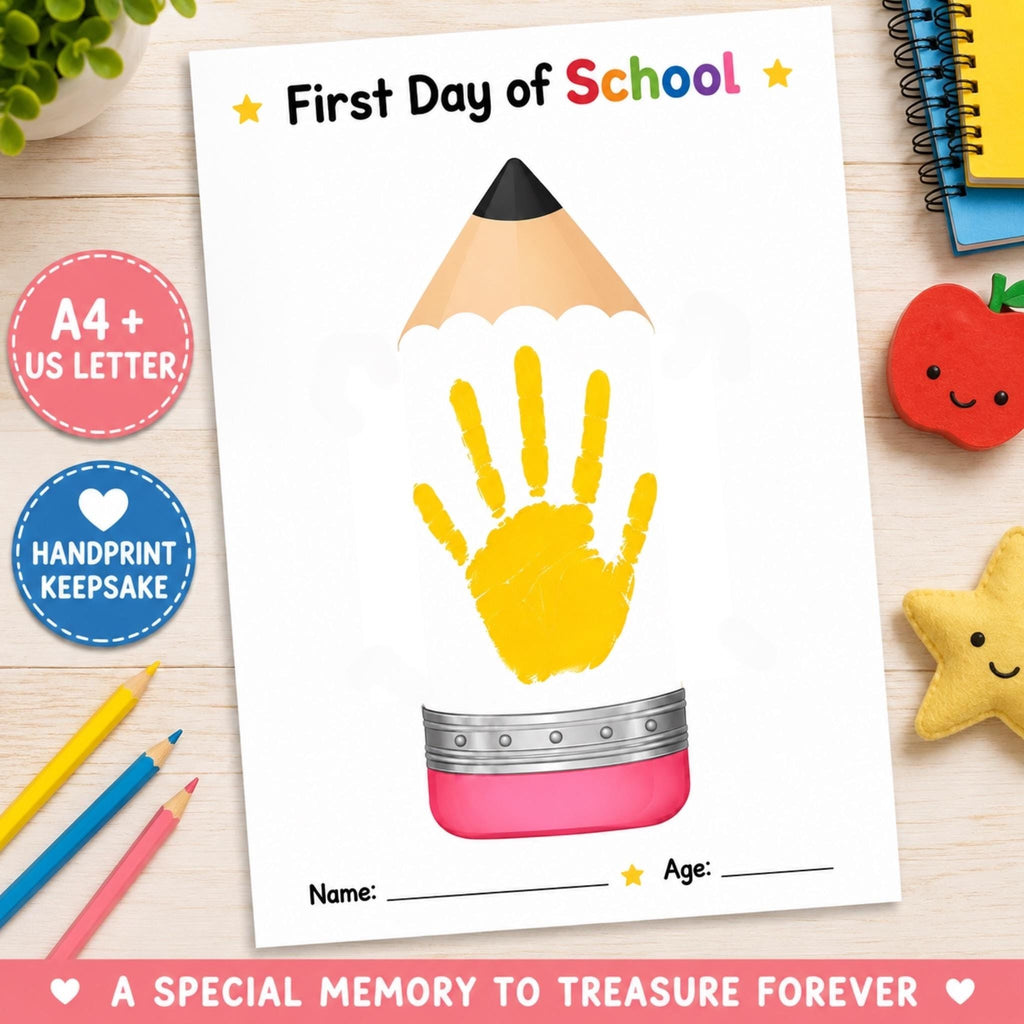 First Day of School Handprint Craft, Back to School Keepsake Printable, Pencil Handprint Art, First Day School Activity 