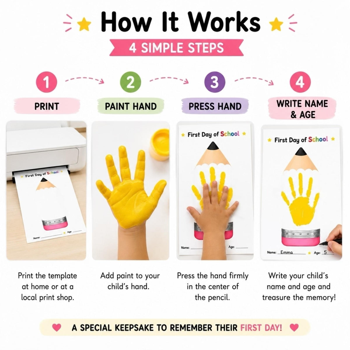 First Day of School Handprint Craft, Back to School Keepsake Printable, Pencil Handprint Art, First Day School Activity for Kids