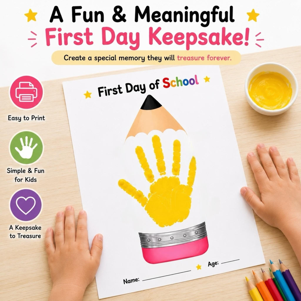 First Day of School Handprint Craft, Back to School Keepsake Printable, Pencil Handprint Art, First Day School Activity for Kids