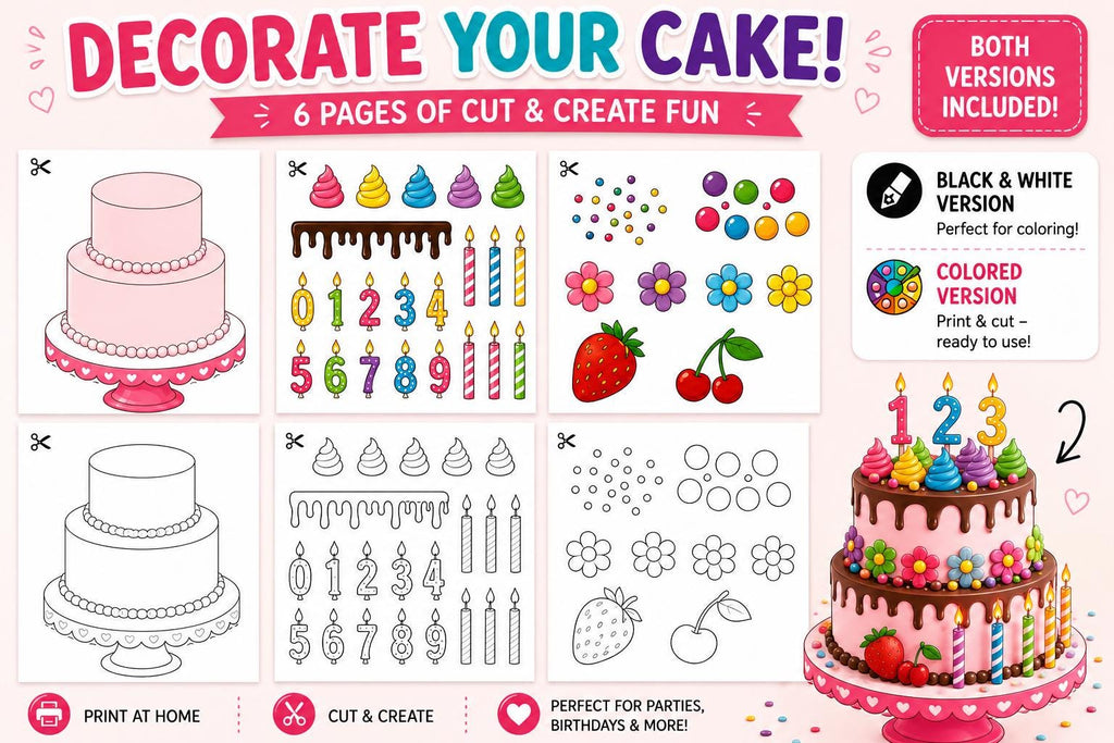 Decorate Your Cake Printable Craft Set, Birthday Cake Cut and Paste Activity, Color & Black White Version, Kids Party Printable