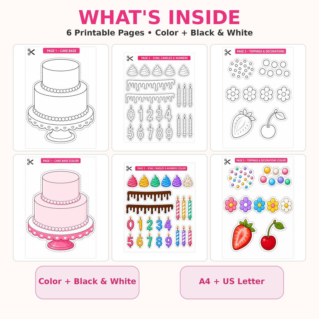 Decorate Your Cake Printable Craft Set, Birthday Cake Cut and Paste Activity, Color & Black White Version, Kids Party Printable
