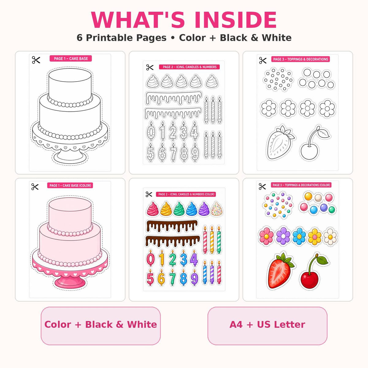 Decorate Your Cake Printable Craft Set, Birthday Cake Cut and Paste Activity, Color & Black White Version, Kids Party Printable