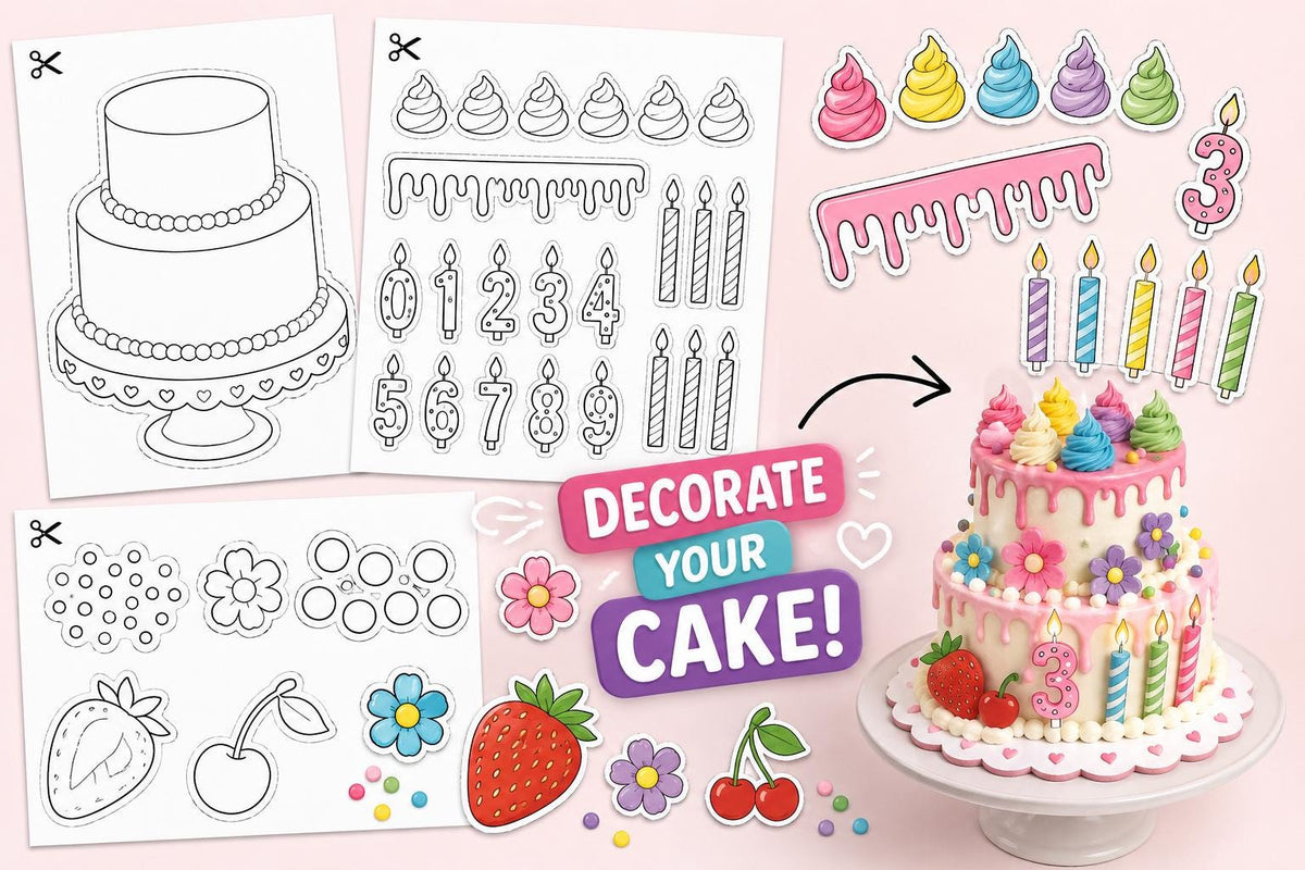 Decorate Your Cake Printable Craft Set, Birthday Cake Cut and Paste Activity, Color & Black White Version, Kids Party Pr