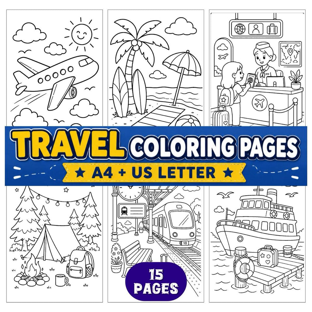 Travel Coloring Pages Printable | Kids Travel Activity Book | Road Trip and Airplane Coloring Pages