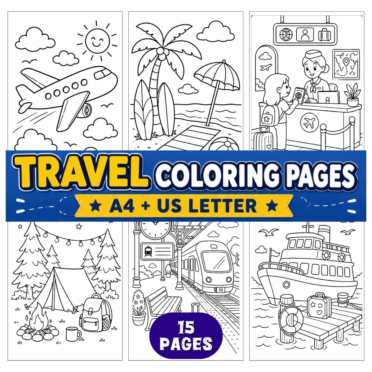 Travel Coloring Pages Printable | Kids Travel Activity Book | Road Trip and Airplane Coloring Pages