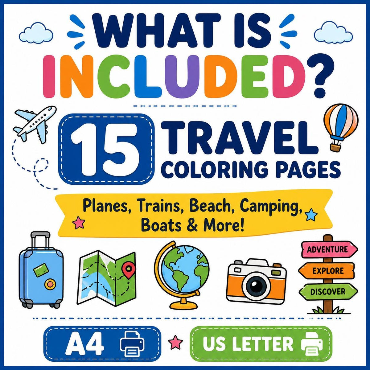 Travel Coloring Pages Printable | Kids Travel Activity Book | Road Trip and Airplane Coloring Pages