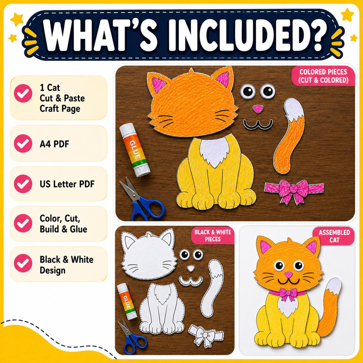 Cat Cut and Paste Craft Printable | Build a Cat Activity | Kids Animal Paper Craft | Color Cut and Glue | Cat Printable Activity