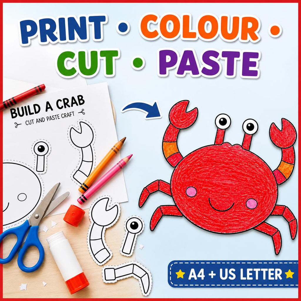 Crab Cut and Paste Craft Printable | Build a Crab Activity | Ocean Animal Craft | Crab Craft for Kids | Beach Craft Activity