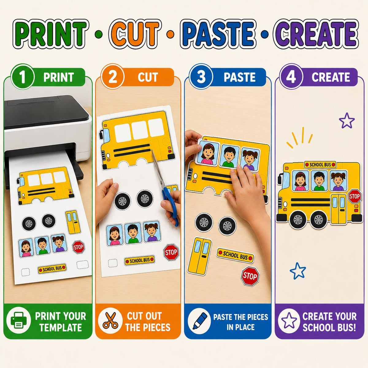 School Bus Cut and Paste Craft, Back to School Printable Activity, School Bus Craft for Kids, Preschool Kindergarten Cutting and Pasting