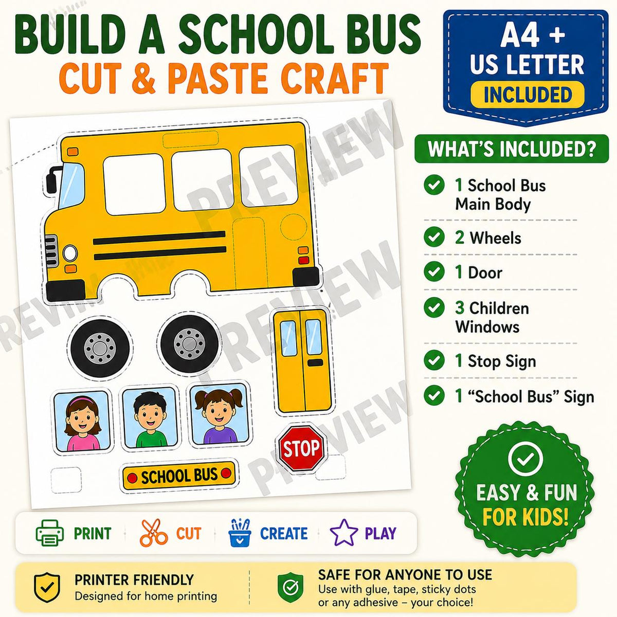 School Bus Cut and Paste Craft, Back to School Printable Activity, School Bus Craft for Kids, Preschool Kindergarten Cutting and Pasting